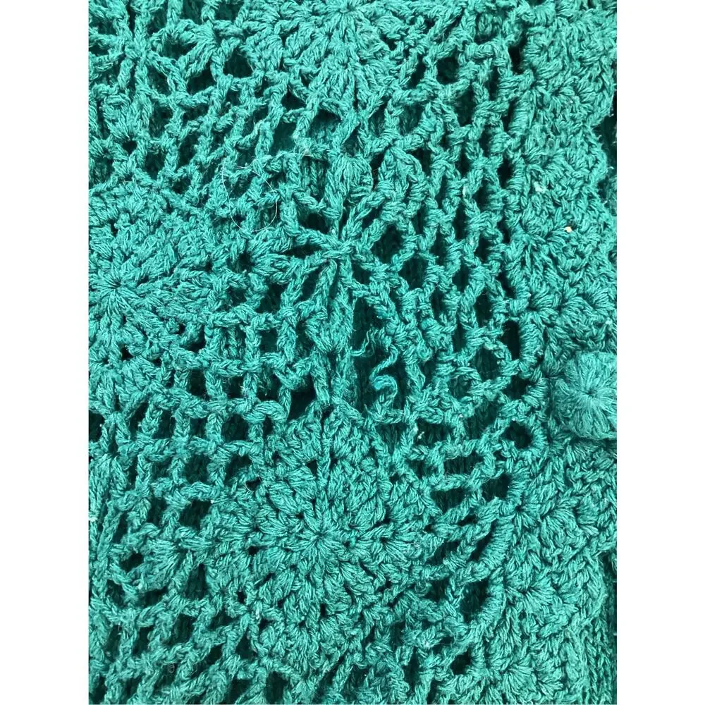 Vintage Ivy Silk Blend Crochet Cardigan Sweater | Teal Floral Open Knit | Medium